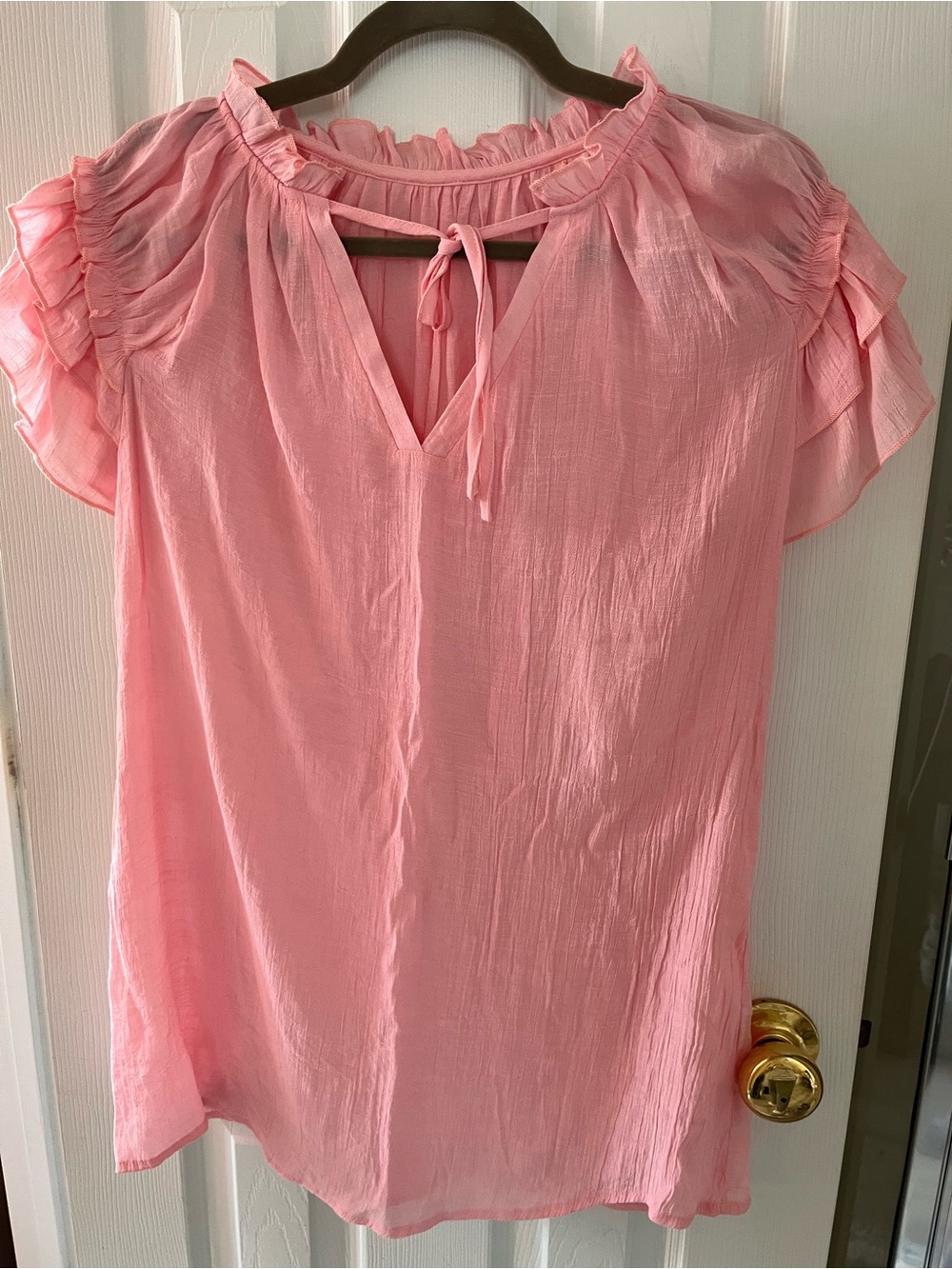 Boho Women's Pink Ruffle Sleeve Tie-Neck Blouse